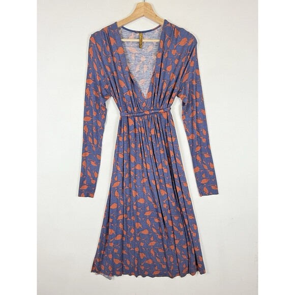 Rachel Palley‎ Womens Large Blue Orange Leaves Pattern Long Sleeve Plunge Dress - Picture 2 of 8